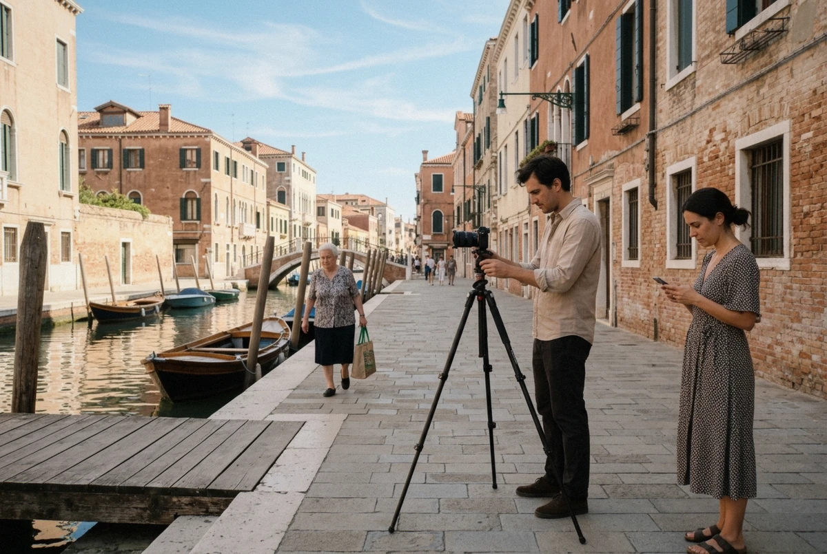 A photographer and client working a quiet Venice fondamenta with room for pedestrians to pass, illustrating the venice access fee and photoshoot rules