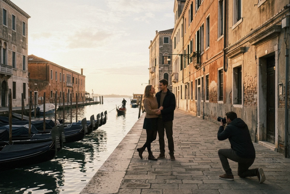Low winter sun casting long shadows down a quiet Venice canal, the raking light that marks the best time for photos in Venice