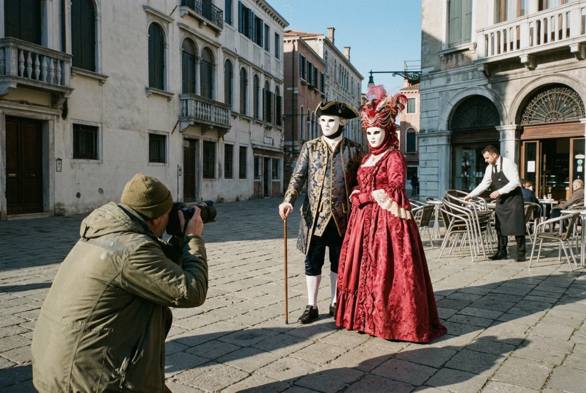 A figure in an 18th-century Venice Carnival costume photographed in a quiet calle in flat February light, away from the San Marco crowd