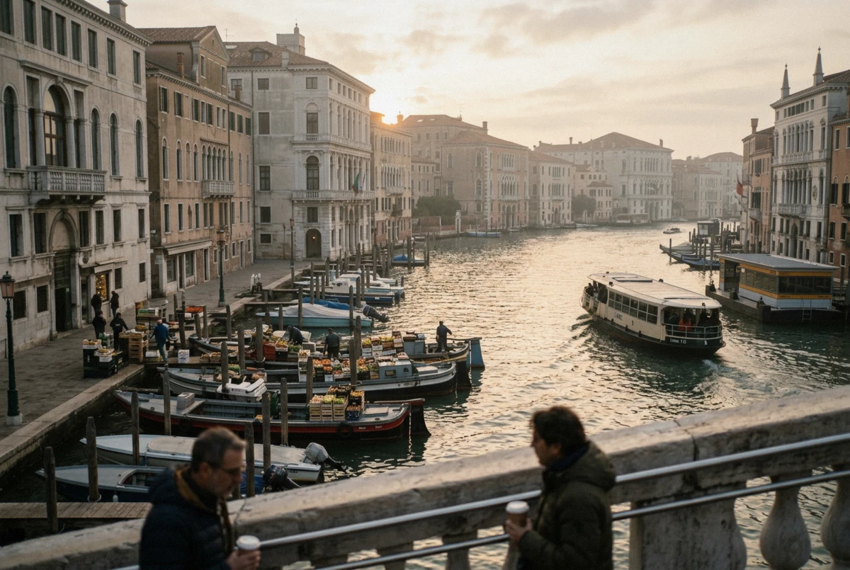 Rialto Bridge over the Grand Canal at first light during a Venice photoshoot, gondolas moored along the bank